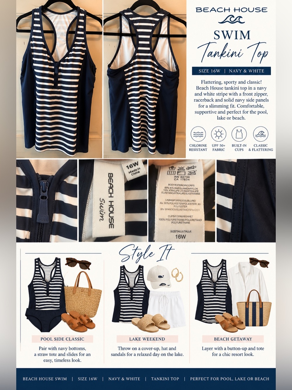 Beach House Swim Navy White Stripe Zip Tankini Top Size 16W